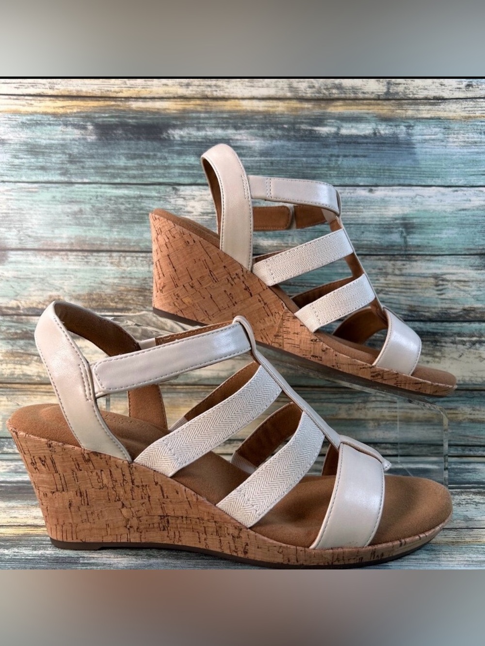 Rockport Blanca Wedge Sandals Womens 9.5M Ivory Faux Leather Dress Work Comfort